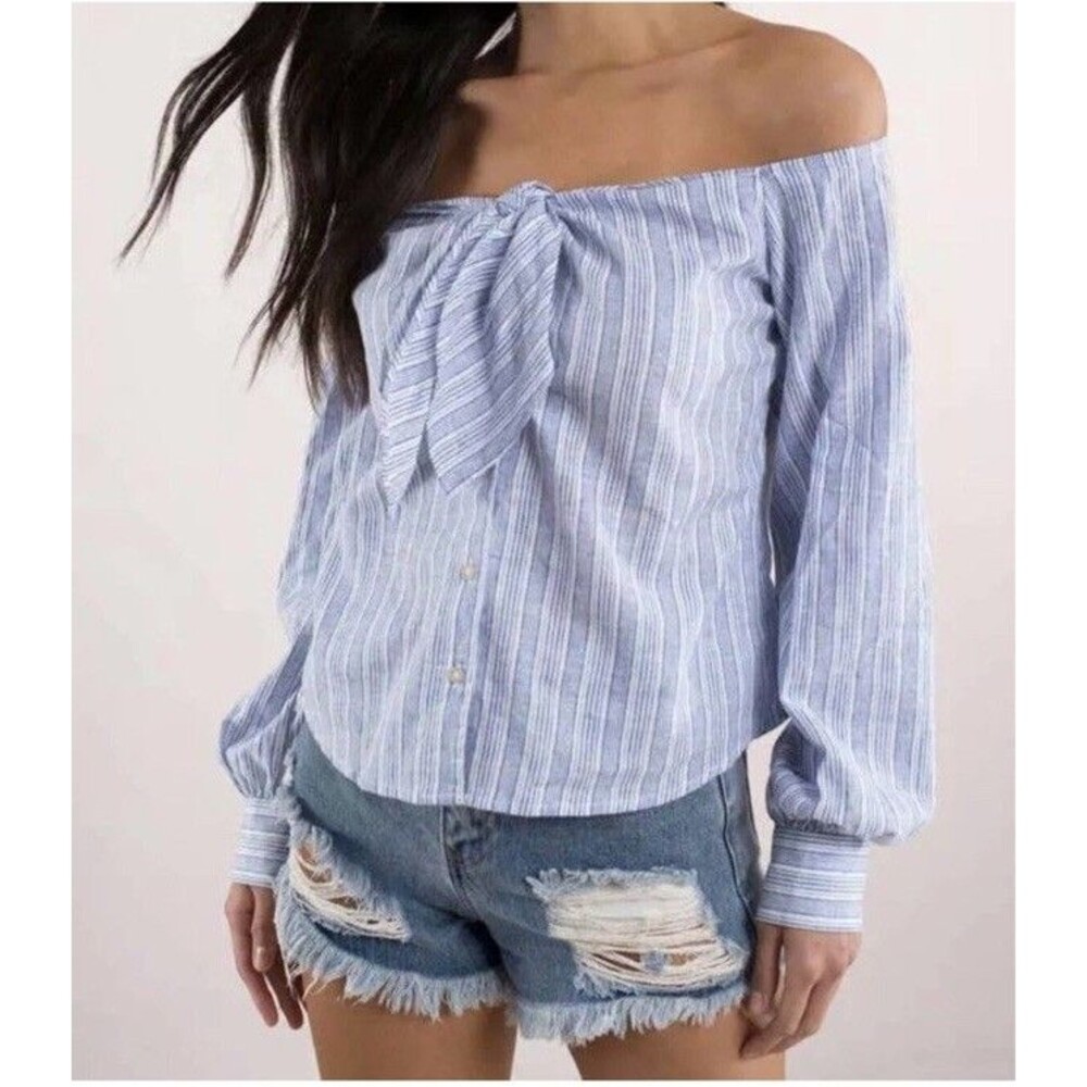 Free People Size Large Hello There Beautiful Striped Off The Shoulder Top Linen
